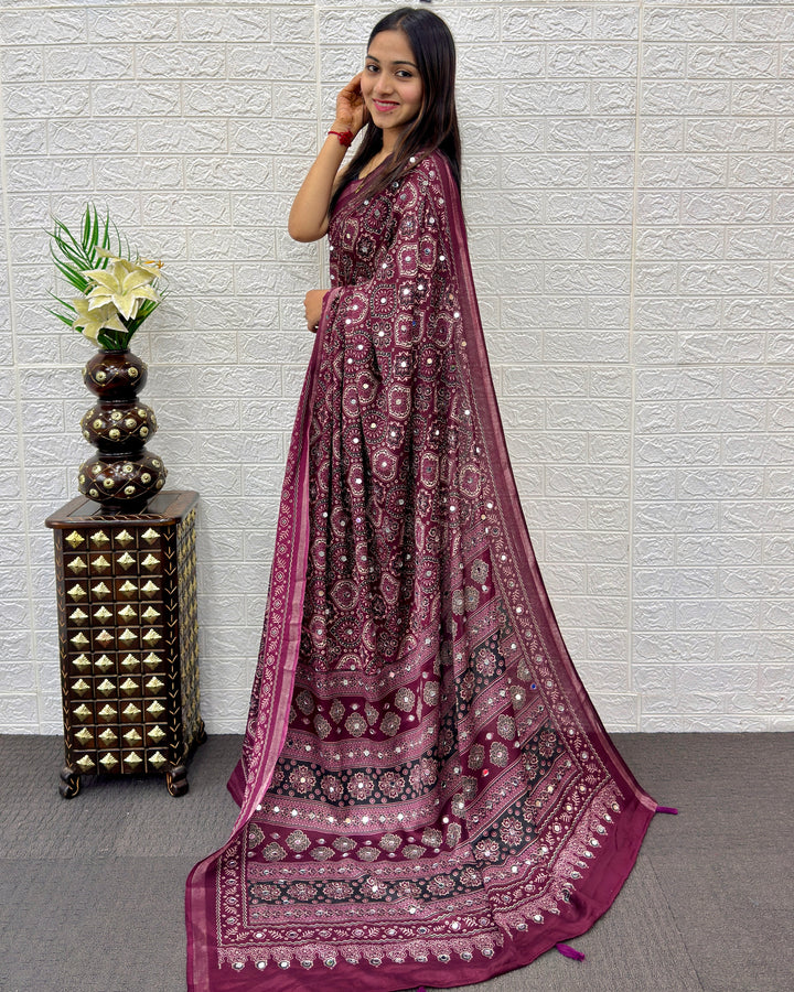 Plum Purple Modal Silk Saree with Traditional Ajrakh Print &amp; Mirror Work | Ethnic Festive Wear Saree