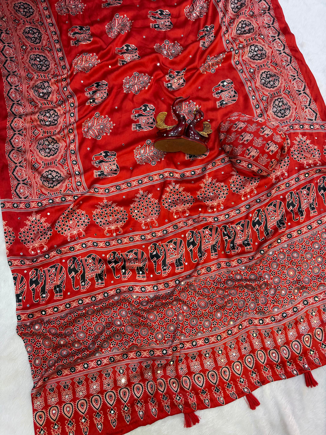 Rust Red Modal Silk Saree with Elephant Motif Ajrakh Print &amp; Designer Pallu | Traditional Ethnic Festive Wear Saree