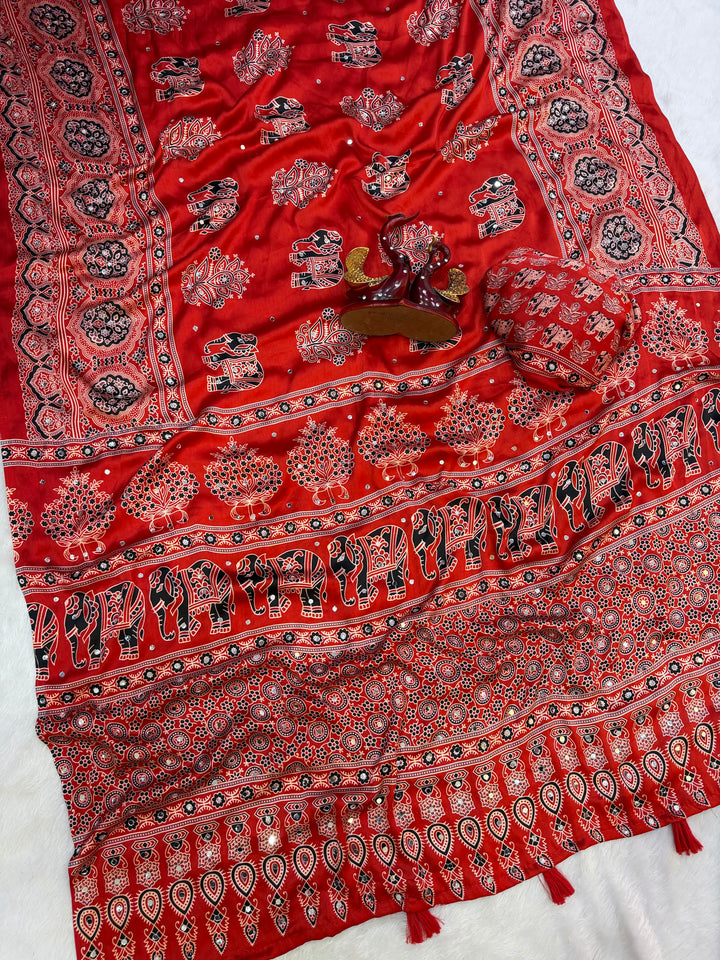 Rust Red Modal Silk Saree with Elephant Motif Ajrakh Print &amp; Designer Pallu | Traditional Ethnic Festive Wear Saree