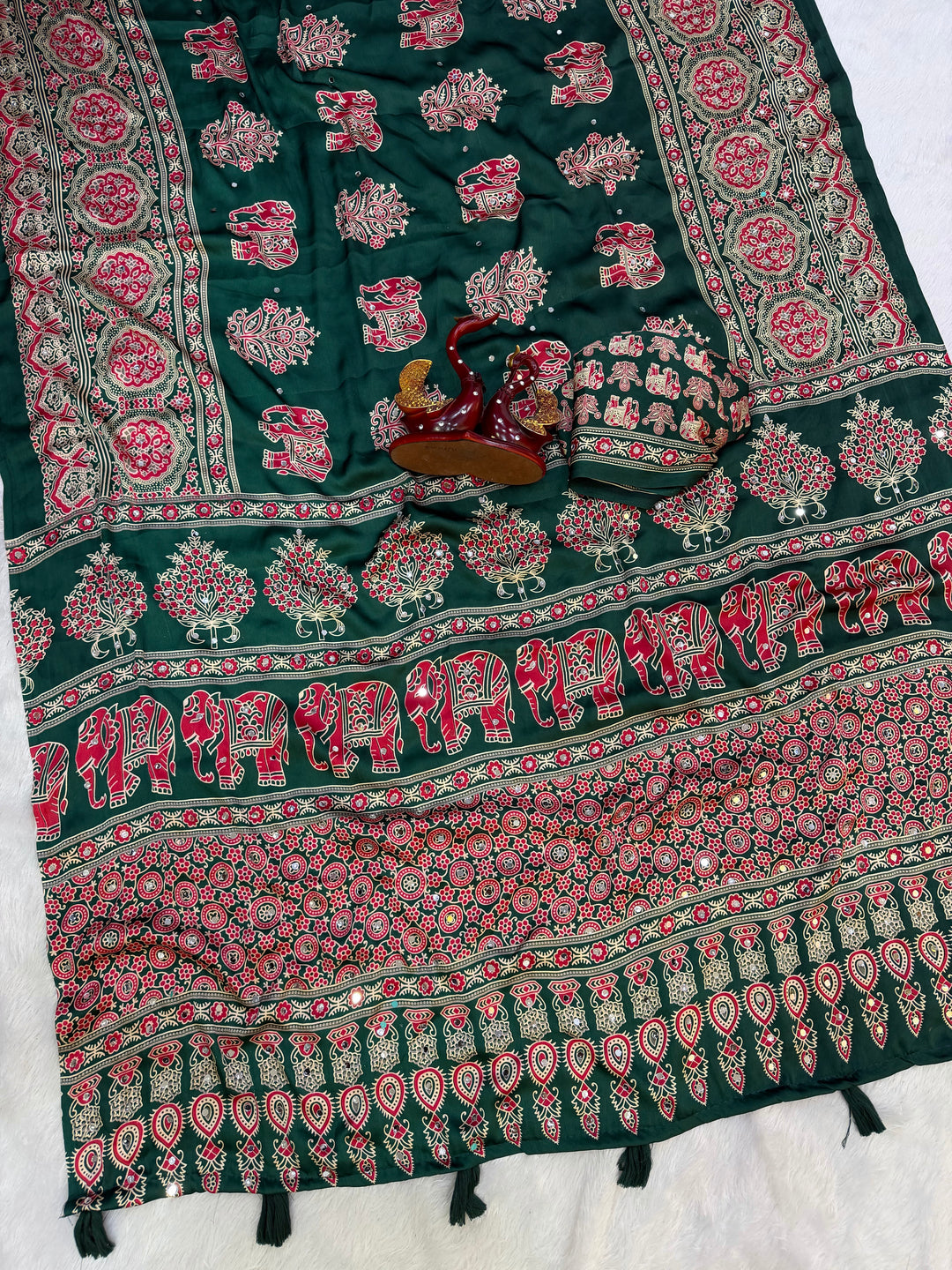 Forest Green Modal Silk Saree with Elephant Motif Ajrakh Print &amp; Designer Heritage Pallu | Traditional Festive Wear Saree