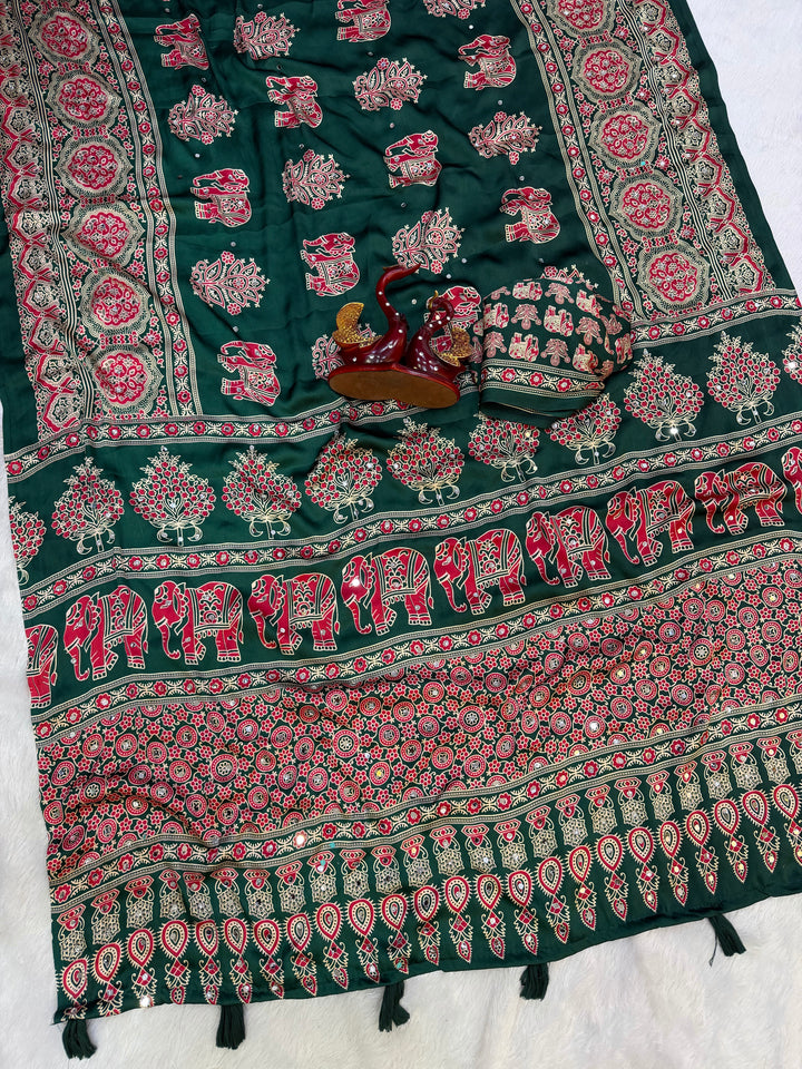 Forest Green Modal Silk Saree with Elephant Motif Ajrakh Print &amp; Designer Heritage Pallu | Traditional Festive Wear Saree