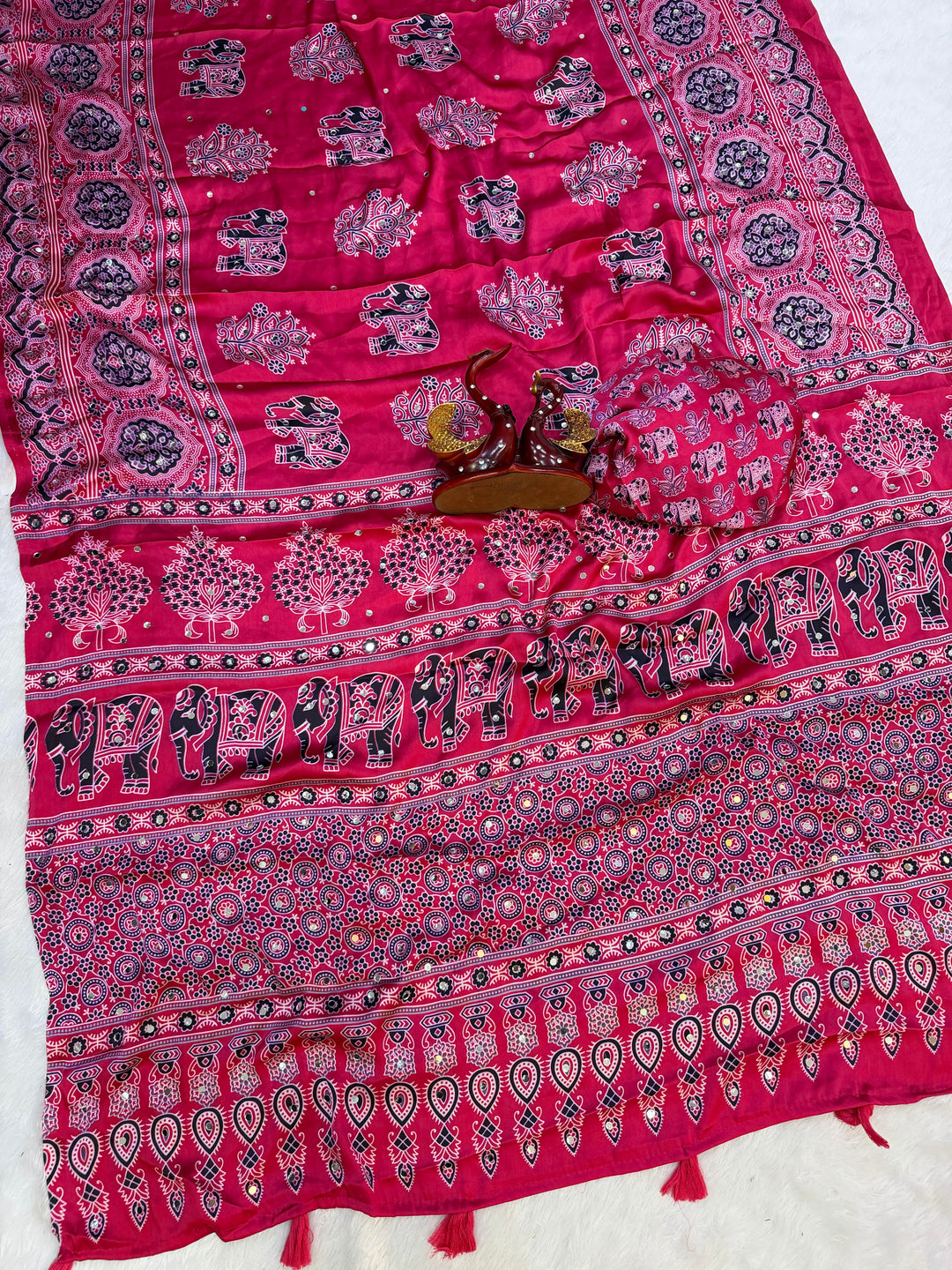 Rani Pink Modal Silk Saree with Elephant Motif Ajrakh Print &amp; Designer Pallu | Festive Ethnic Wear Saree