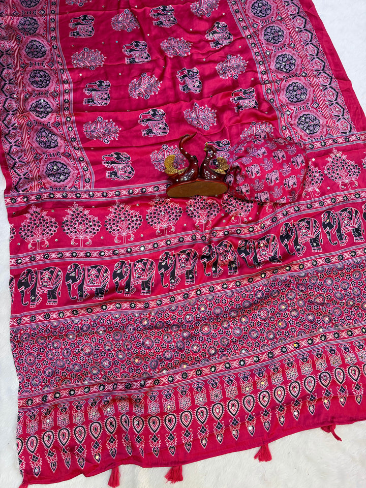 Rani Pink Modal Silk Saree with Elephant Motif Ajrakh Print &amp; Designer Pallu | Festive Ethnic Wear Saree