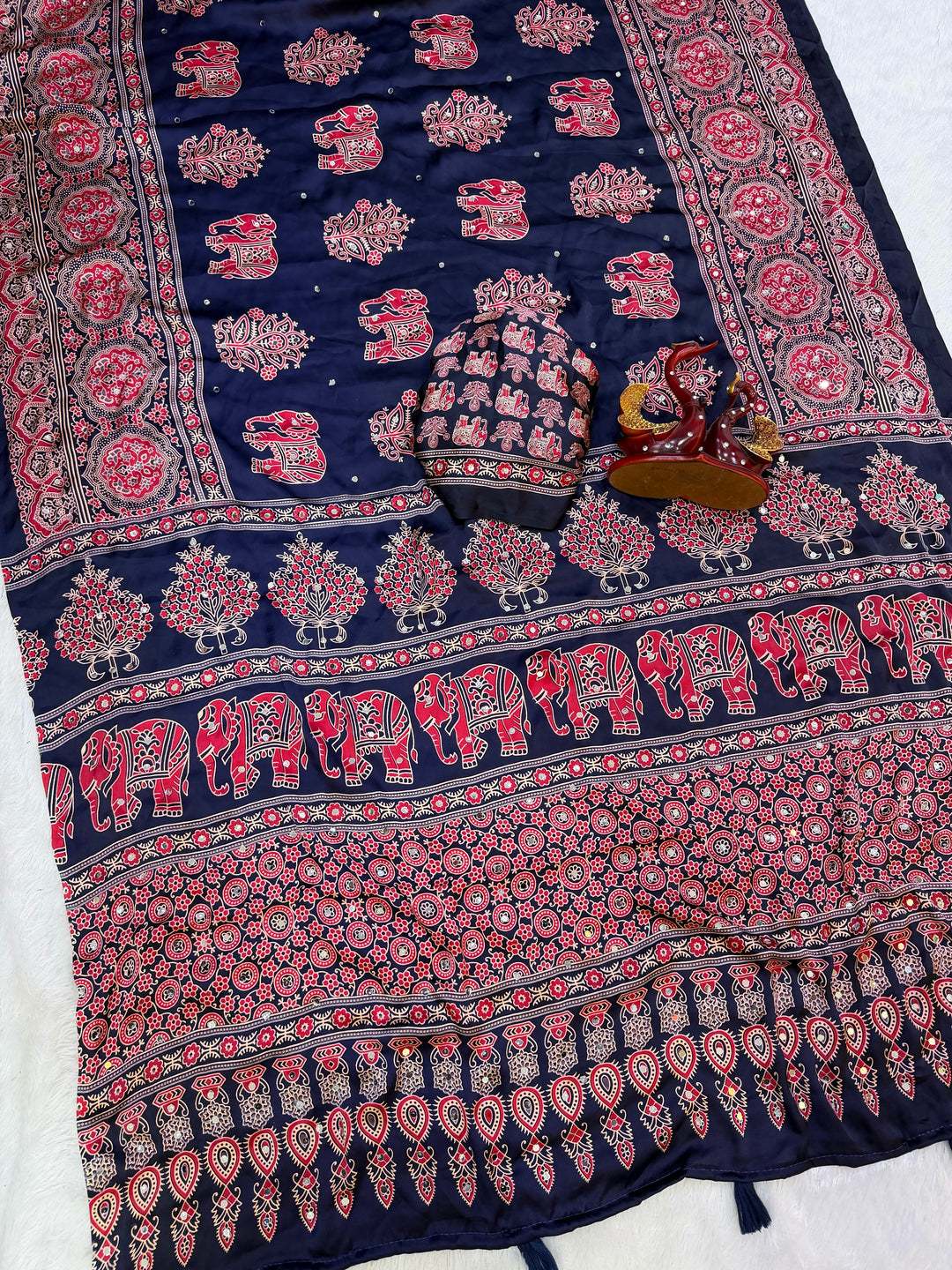 Navy Blue Modal Silk Saree with Elephant Motif Ajrakh Print &amp; Heritage Designer Pallu | Traditional Festive Wear Saree