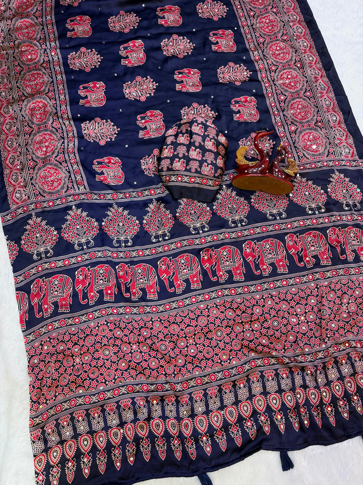 Navy Blue Modal Silk Saree with Elephant Motif Ajrakh Print &amp; Heritage Designer Pallu | Traditional Festive Wear Saree