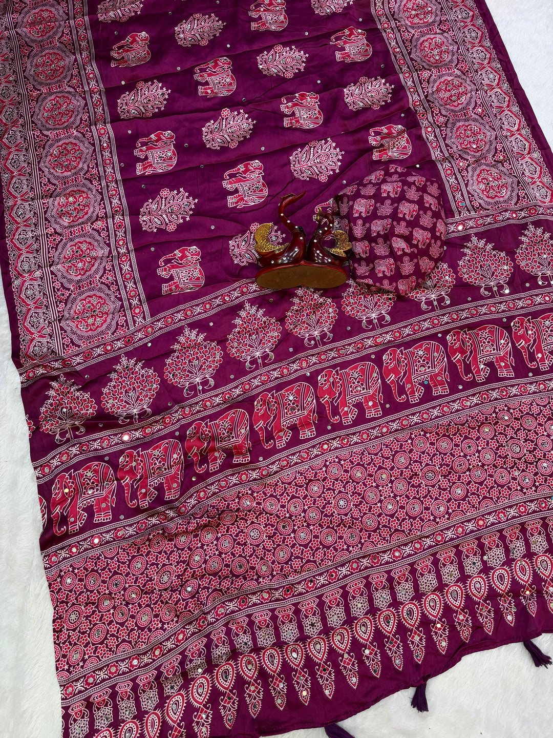 Plum Purple Modal Silk Saree with Elephant Motif Print &amp; Heritage Designer Pallu | Traditional Festive Wear Saree