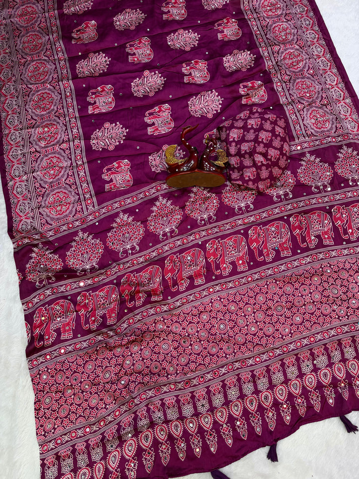 Plum Purple Modal Silk Saree with Elephant Motif Print &amp; Heritage Designer Pallu | Traditional Festive Wear Saree