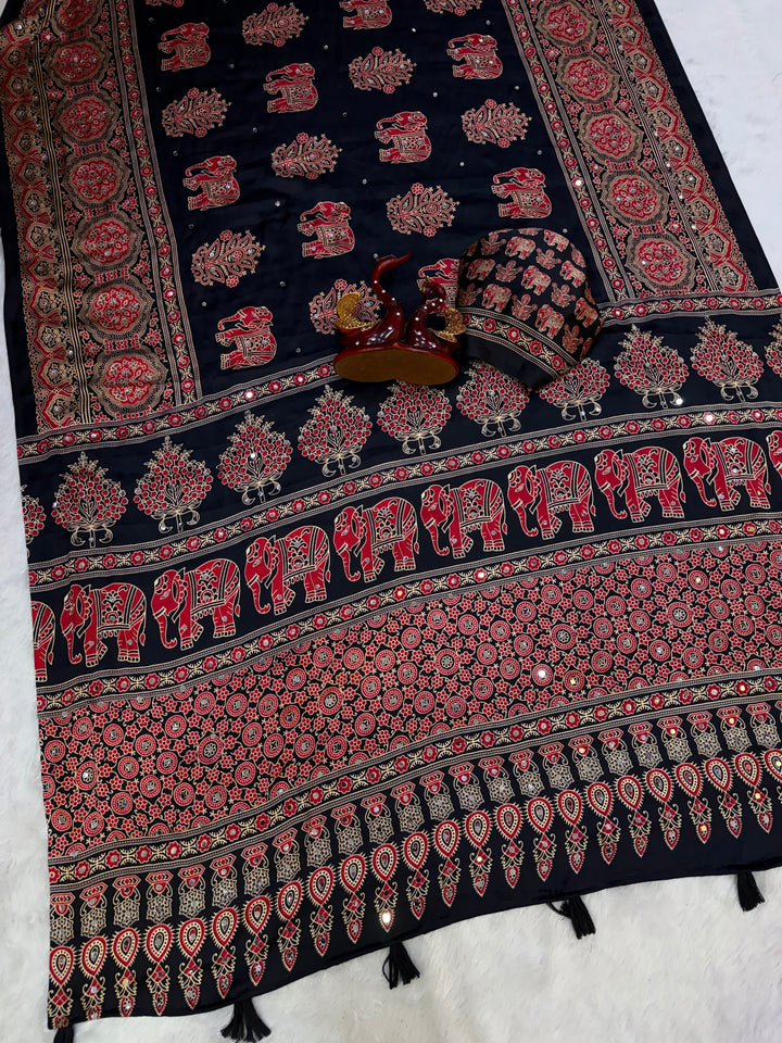 Black Modal Silk Saree with Elephant Motif Ajrakh Print &amp; Heritage Designer Pallu | Traditional Festive Wear Saree