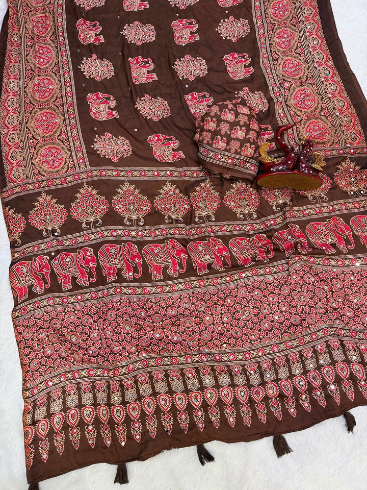 Chocolate Brown Modal Silk Saree with Elephant Motif Heritage Print &amp; Designer Pallu | Traditional Festive Wear Saree