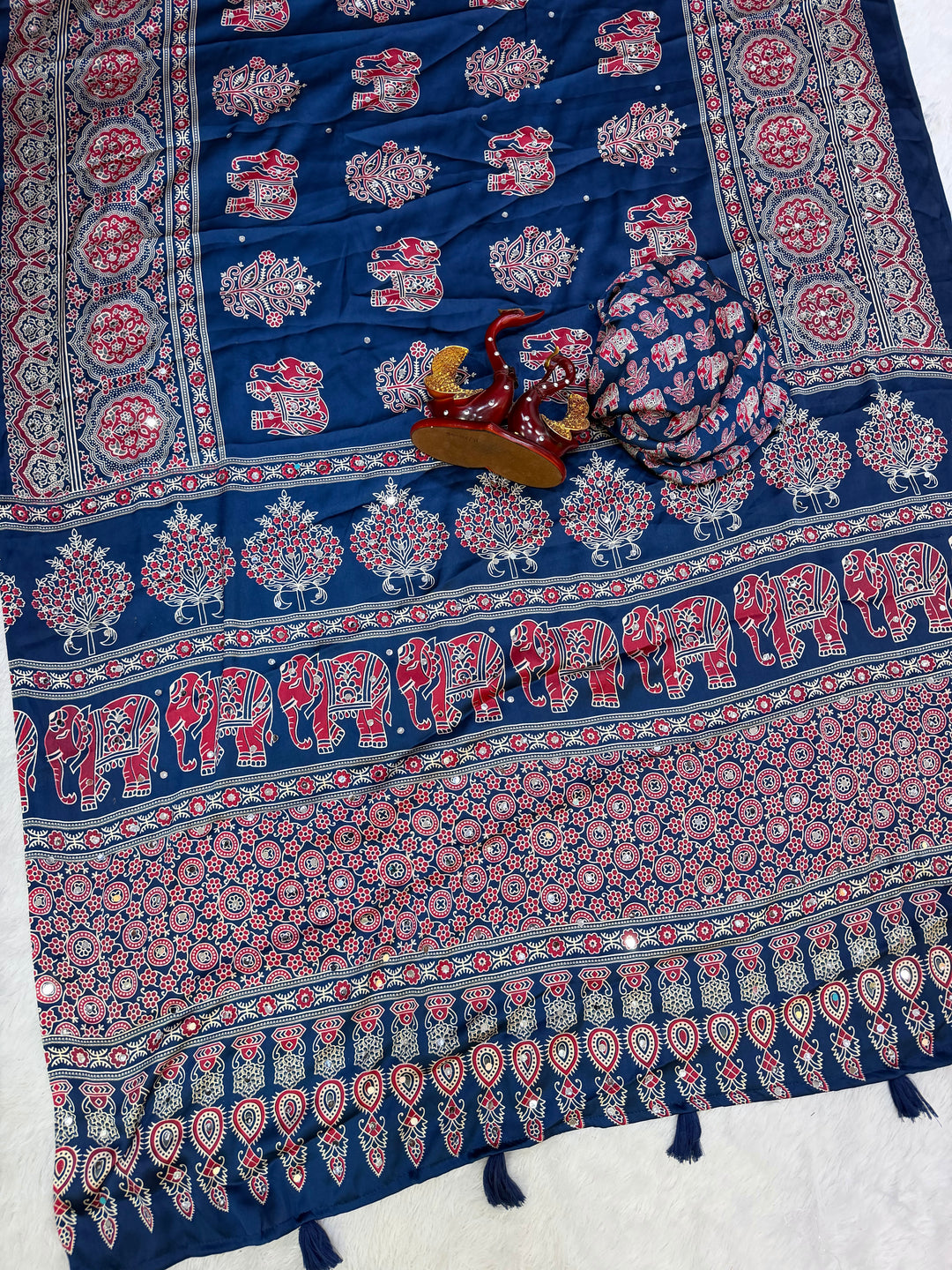 Royal Blue Modal Silk Saree with Elephant Motif Heritage Print &amp; Designer Pallu | Traditional Festive Wear Saree
