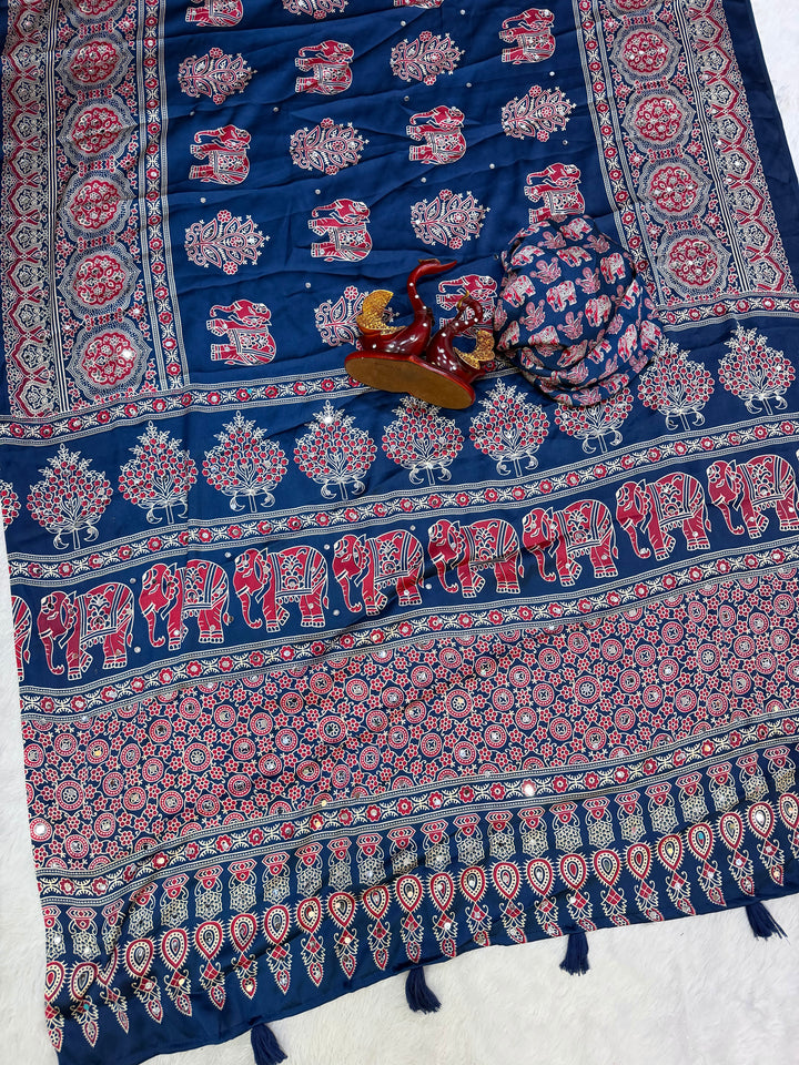 Royal Blue Modal Silk Saree with Elephant Motif Heritage Print &amp; Designer Pallu | Traditional Festive Wear Saree