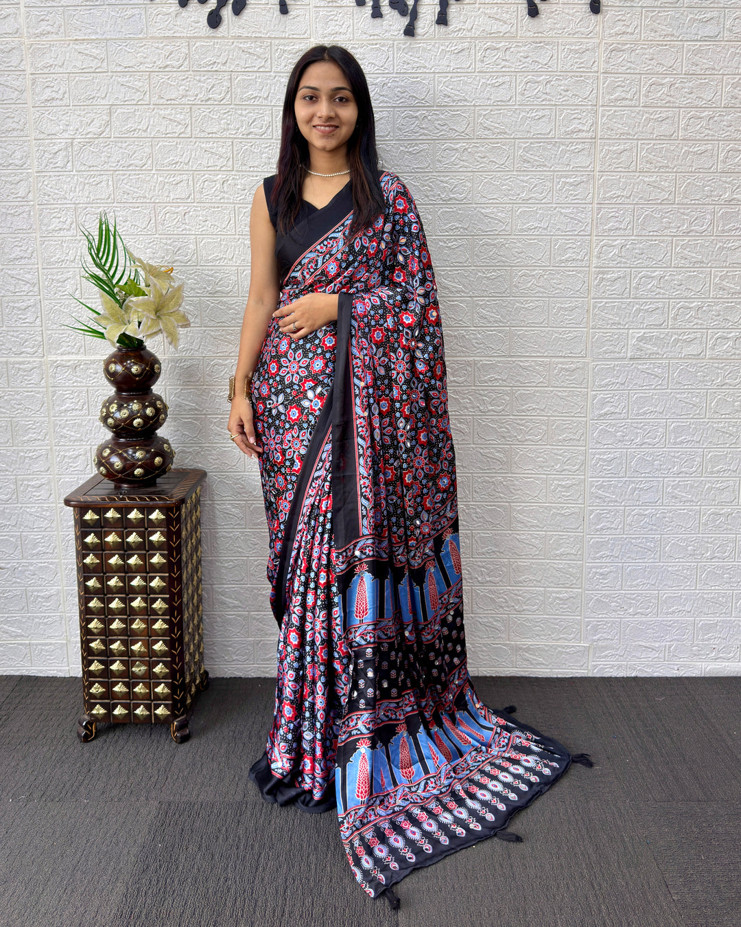 Black Modal Silk Saree with Geometric Floral Print &amp; Heritage Designer Pallu | Festive &amp; Party Wear Saree