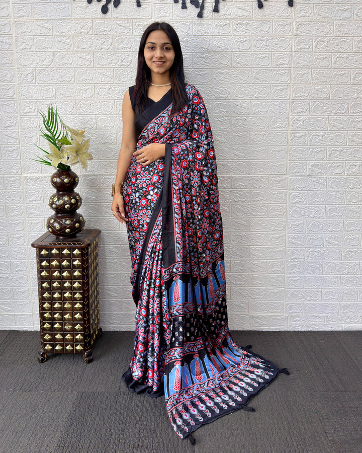 Black Modal Silk Saree with Geometric Floral Print &amp; Heritage Designer Pallu | Festive &amp; Party Wear Saree