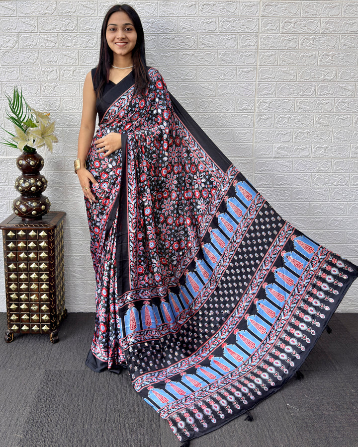 Black Modal Silk Saree with Geometric Floral Print &amp; Heritage Designer Pallu | Festive &amp; Party Wear Saree