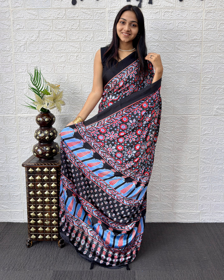 Black Modal Silk Saree with Geometric Floral Print &amp; Heritage Designer Pallu | Festive &amp; Party Wear Saree