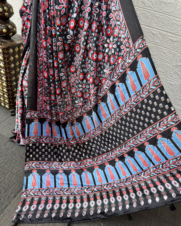 Black Modal Silk Saree with Geometric Floral Print &amp; Heritage Designer Pallu | Festive &amp; Party Wear Saree