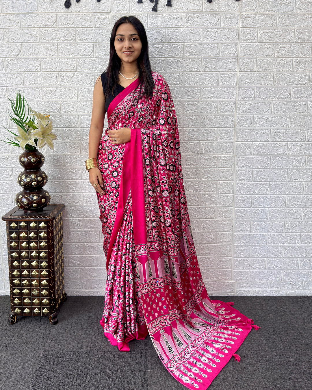Rani Pink Modal Silk Saree with Geometric Floral Print &amp; Heritage Designer Pallu | Festive &amp; Party Wear Saree