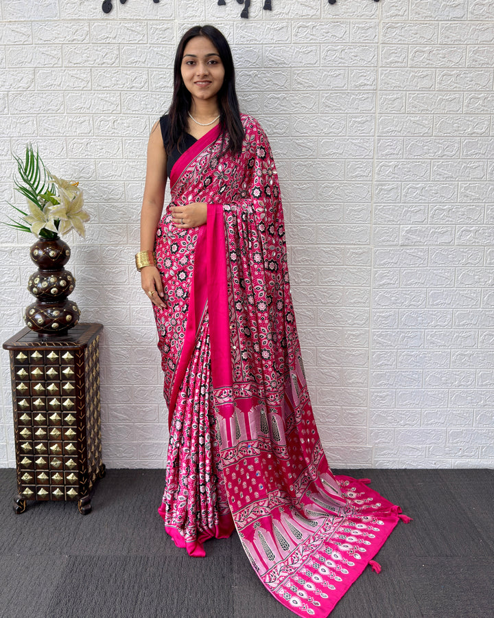 Rani Pink Modal Silk Saree with Geometric Floral Print &amp; Heritage Designer Pallu | Festive &amp; Party Wear Saree