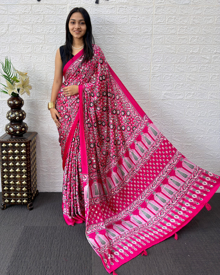 Rani Pink Modal Silk Saree with Geometric Floral Print &amp; Heritage Designer Pallu | Festive &amp; Party Wear Saree