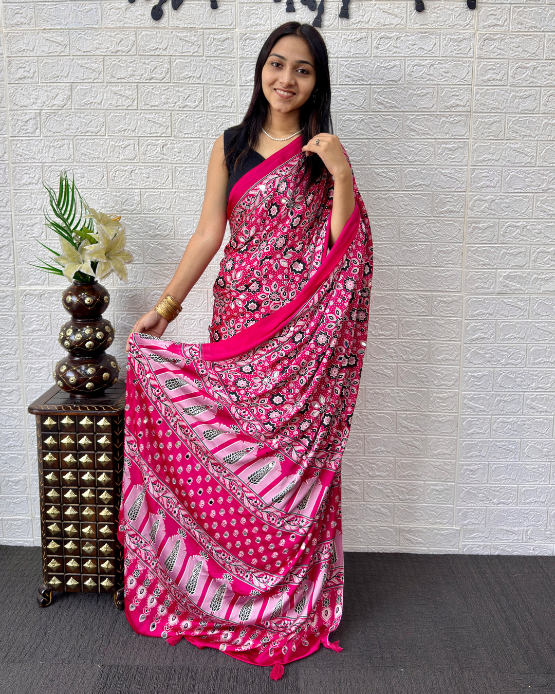 Rani Pink Modal Silk Saree with Geometric Floral Print &amp; Heritage Designer Pallu | Festive &amp; Party Wear Saree
