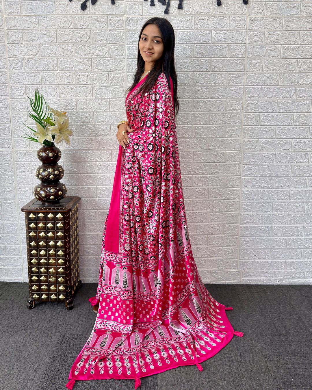 Rani Pink Modal Silk Saree with Geometric Floral Print &amp; Heritage Designer Pallu | Festive &amp; Party Wear Saree