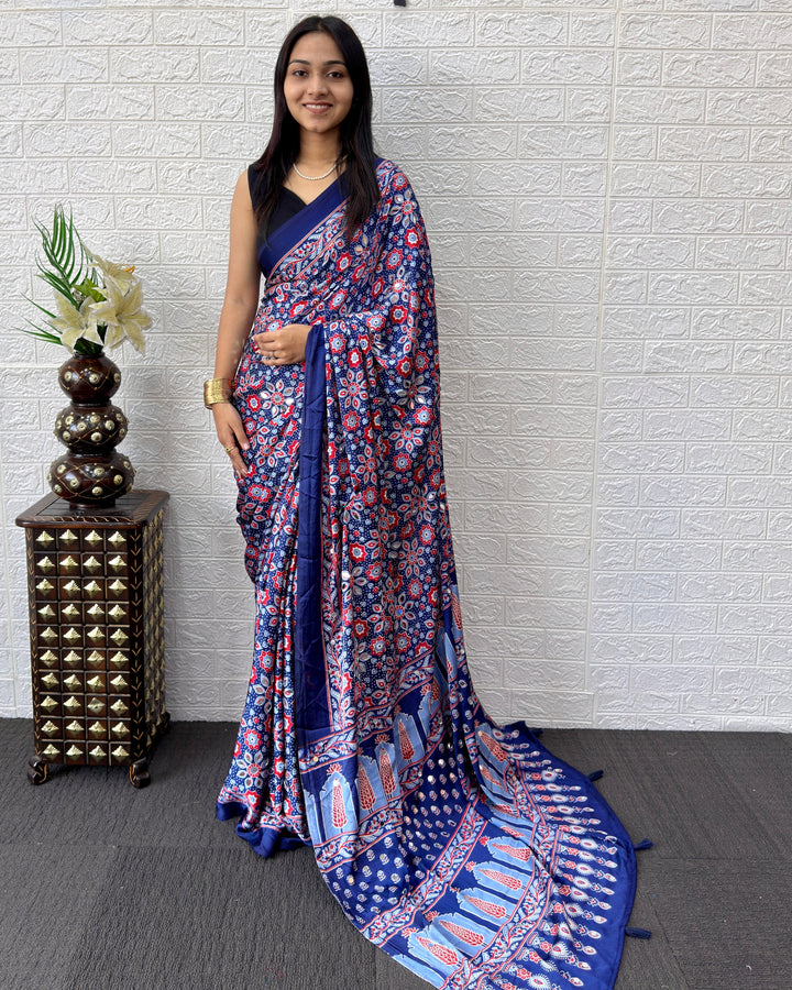 Royal Blue Modal Silk Saree with Geometric Floral Print &amp; Heritage Designer Pallu | Festive &amp; Party Wear Saree