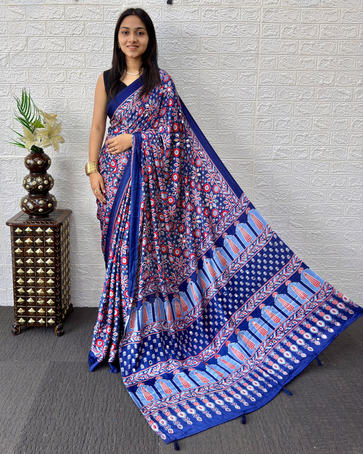 Royal Blue Modal Silk Saree with Geometric Floral Print &amp; Heritage Designer Pallu | Festive &amp; Party Wear Saree