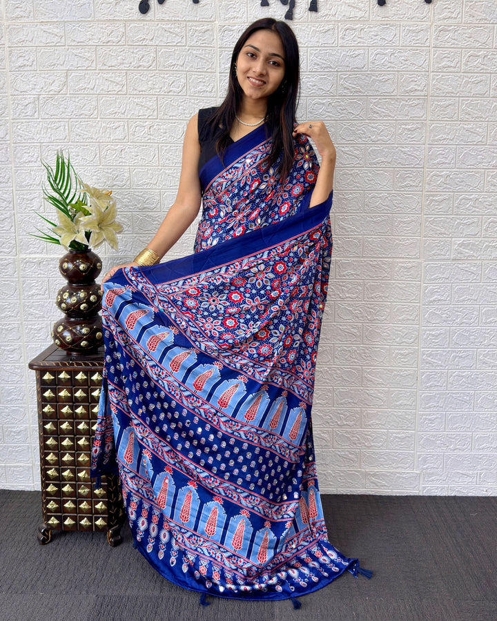 Royal Blue Modal Silk Saree with Geometric Floral Print &amp; Heritage Designer Pallu | Festive &amp; Party Wear Saree