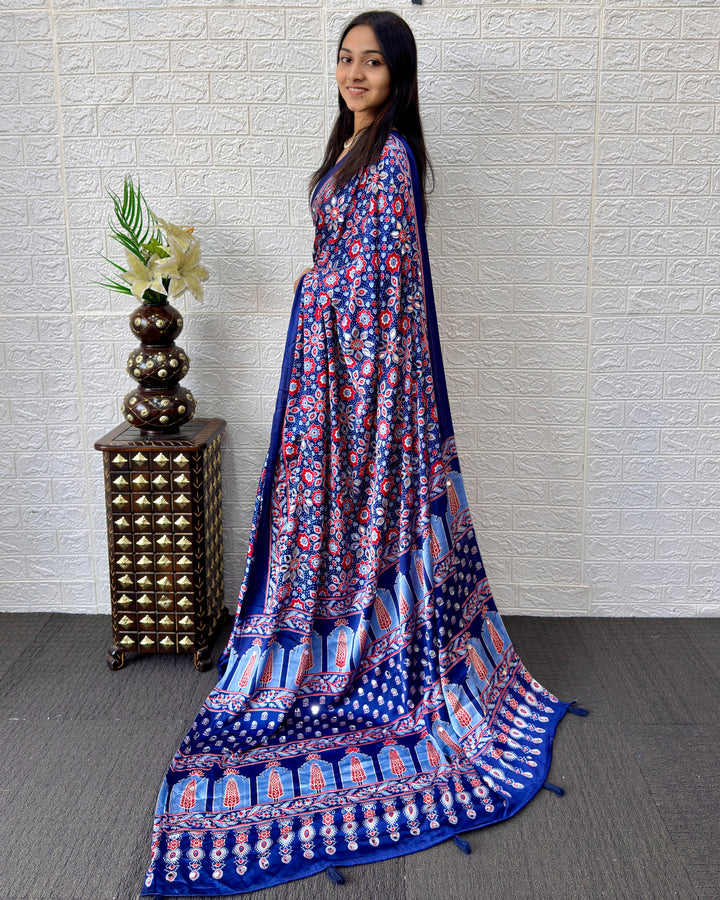 Royal Blue Modal Silk Saree with Geometric Floral Print &amp; Heritage Designer Pallu | Festive &amp; Party Wear Saree
