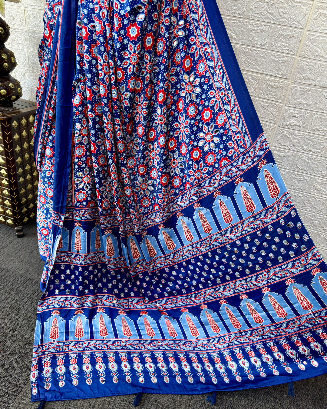 Royal Blue Modal Silk Saree with Geometric Floral Print &amp; Heritage Designer Pallu | Festive &amp; Party Wear Saree