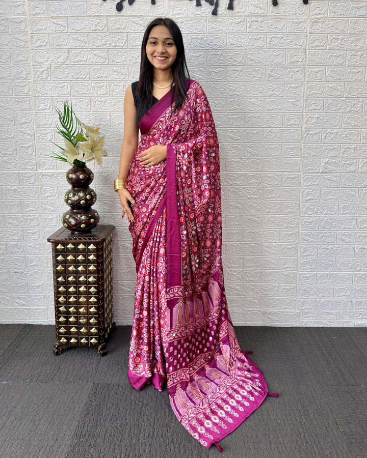 Purple Pink Modal Silk Saree with Geometric Floral Print &amp; Heritage Designer Pallu | Festive &amp; Party Wear Saree