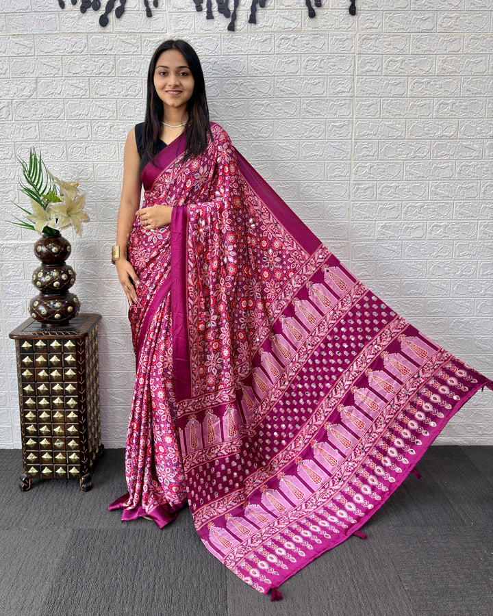 Purple Pink Modal Silk Saree with Geometric Floral Print &amp; Heritage Designer Pallu | Festive &amp; Party Wear Saree