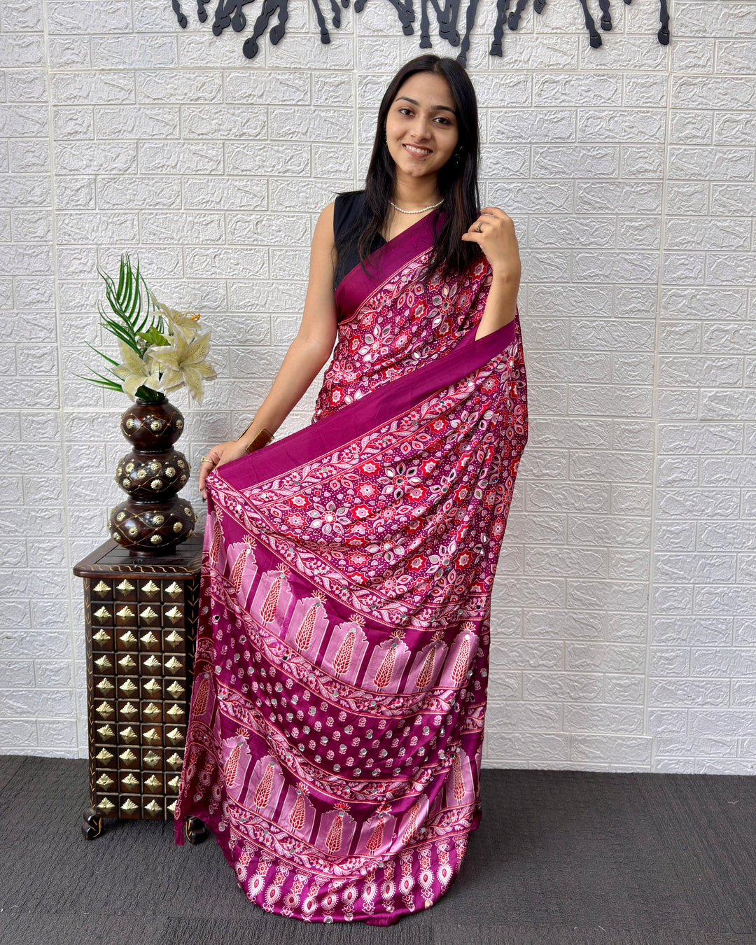 Purple Pink Modal Silk Saree with Geometric Floral Print &amp; Heritage Designer Pallu | Festive &amp; Party Wear Saree