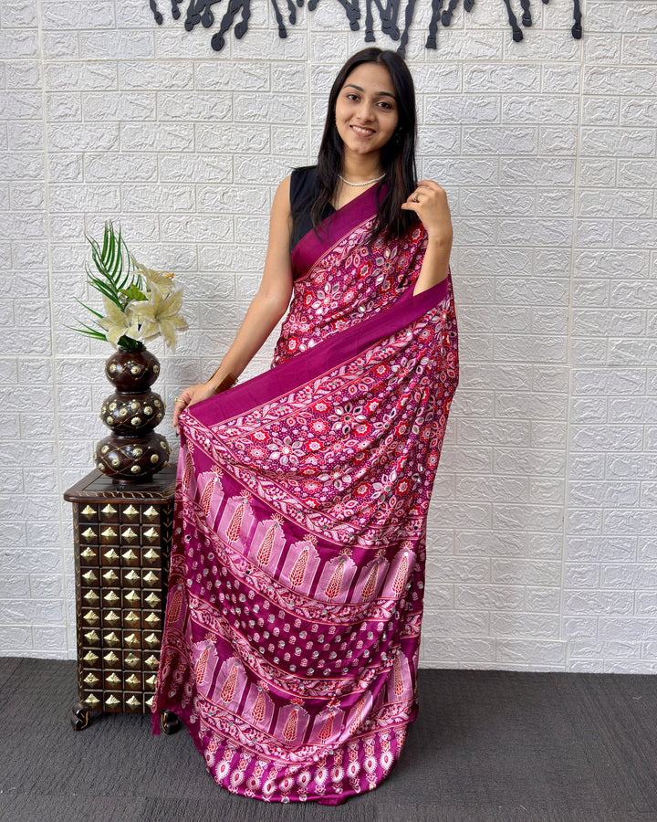 Purple Pink Modal Silk Saree with Geometric Floral Print &amp; Heritage Designer Pallu | Festive &amp; Party Wear Saree