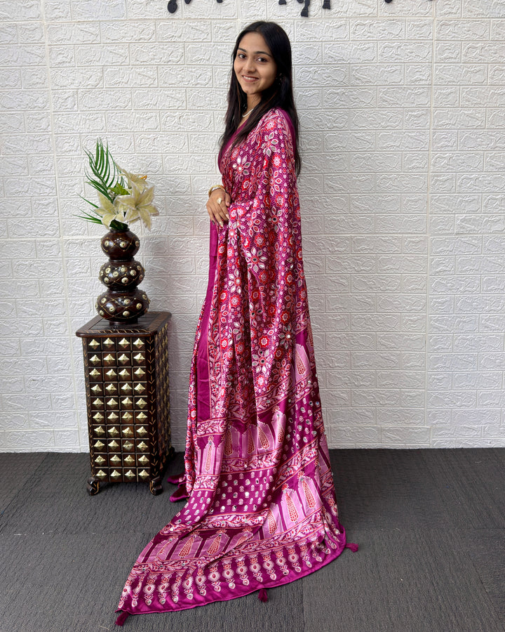 Purple Pink Modal Silk Saree with Geometric Floral Print &amp; Heritage Designer Pallu | Festive &amp; Party Wear Saree