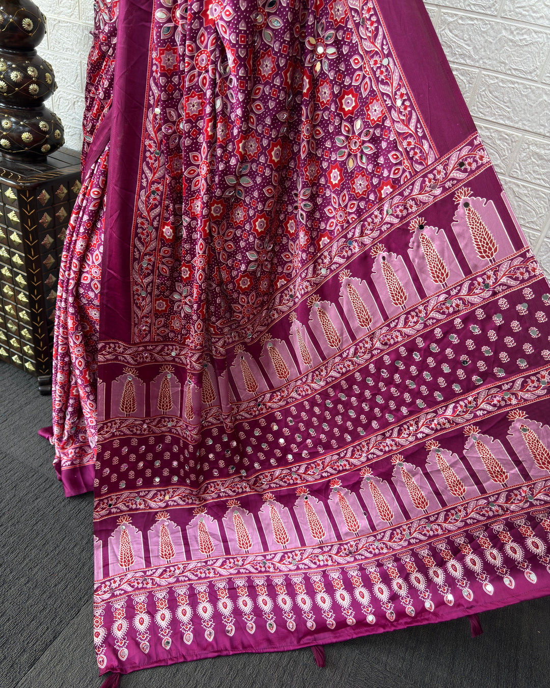 Purple Pink Modal Silk Saree with Geometric Floral Print &amp; Heritage Designer Pallu | Festive &amp; Party Wear Saree