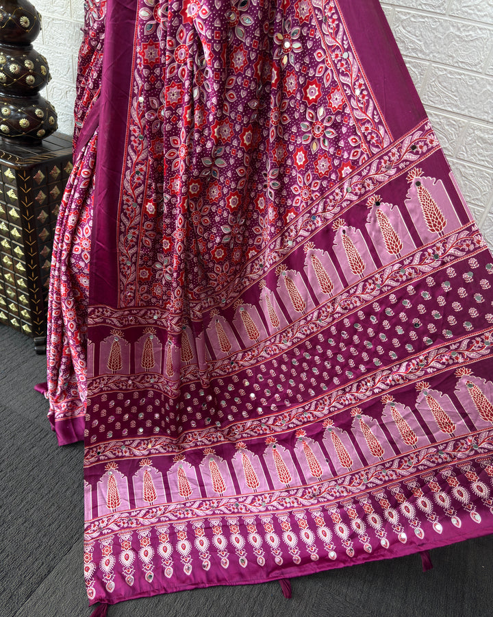 Purple Pink Modal Silk Saree with Geometric Floral Print &amp; Heritage Designer Pallu | Festive &amp; Party Wear Saree