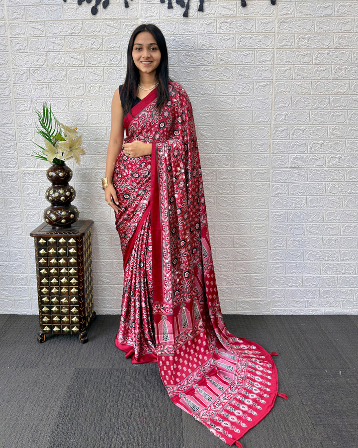 Red Modal Silk Saree with Geometric Floral Print &amp; Heritage Designer Pallu | Festive &amp; Party Wear Saree