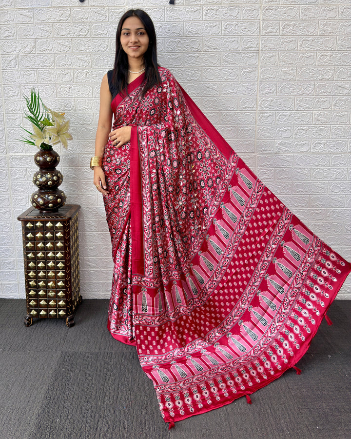 Red Modal Silk Saree with Geometric Floral Print &amp; Heritage Designer Pallu | Festive &amp; Party Wear Saree