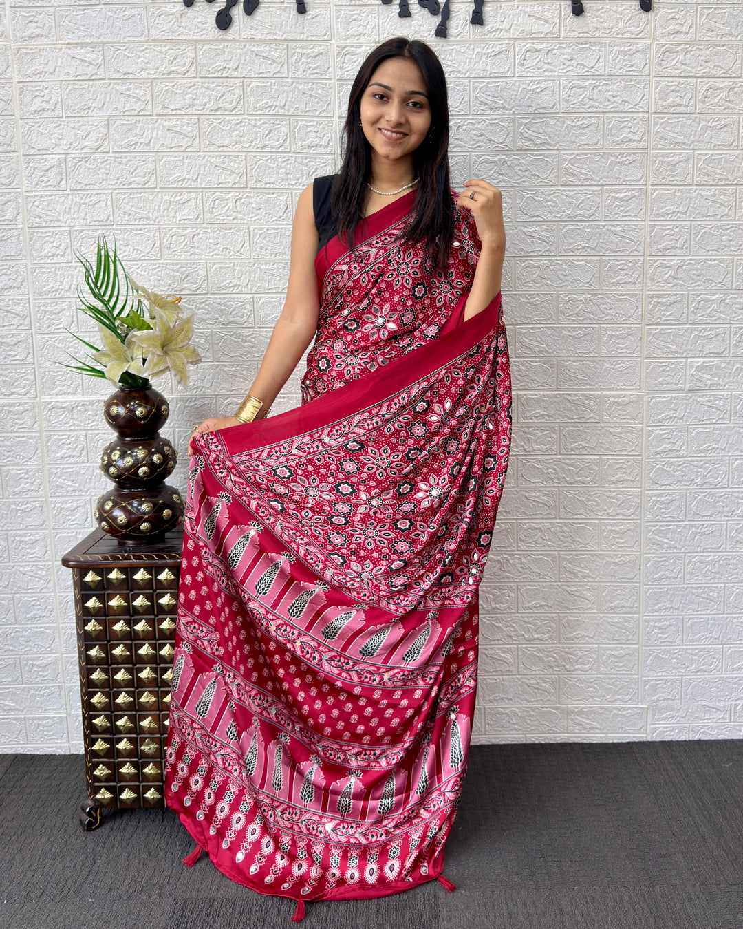 Red Modal Silk Saree with Geometric Floral Print &amp; Heritage Designer Pallu | Festive &amp; Party Wear Saree