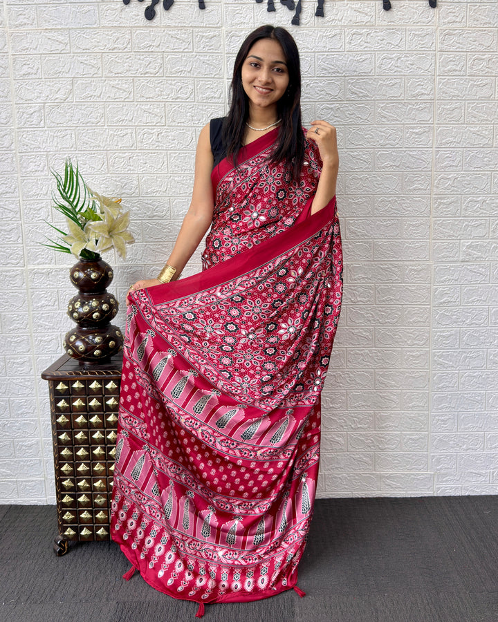 Red Modal Silk Saree with Geometric Floral Print &amp; Heritage Designer Pallu | Festive &amp; Party Wear Saree