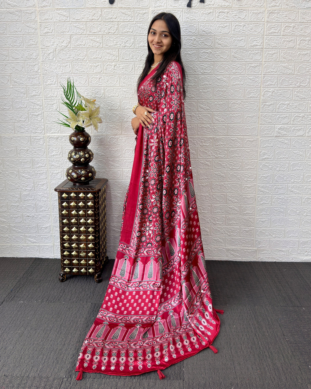 Red Modal Silk Saree with Geometric Floral Print &amp; Heritage Designer Pallu | Festive &amp; Party Wear Saree