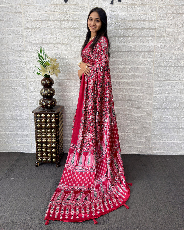 Red Modal Silk Saree with Geometric Floral Print &amp; Heritage Designer Pallu | Festive &amp; Party Wear Saree