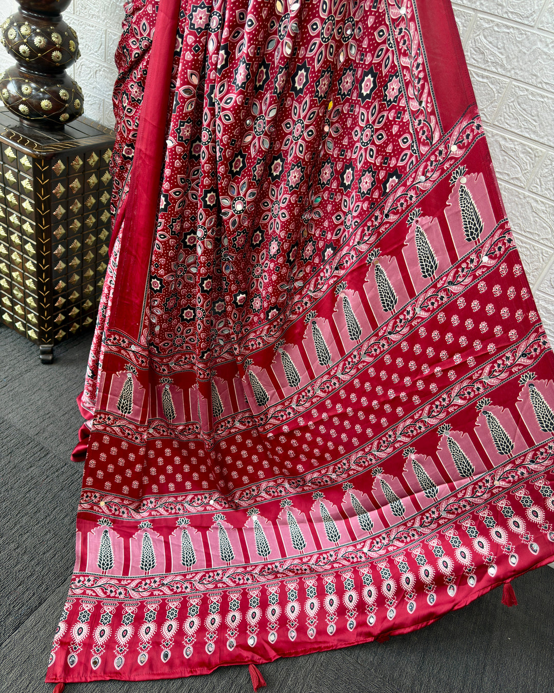 Red Modal Silk Saree with Geometric Floral Print &amp; Heritage Designer Pallu | Festive &amp; Party Wear Saree