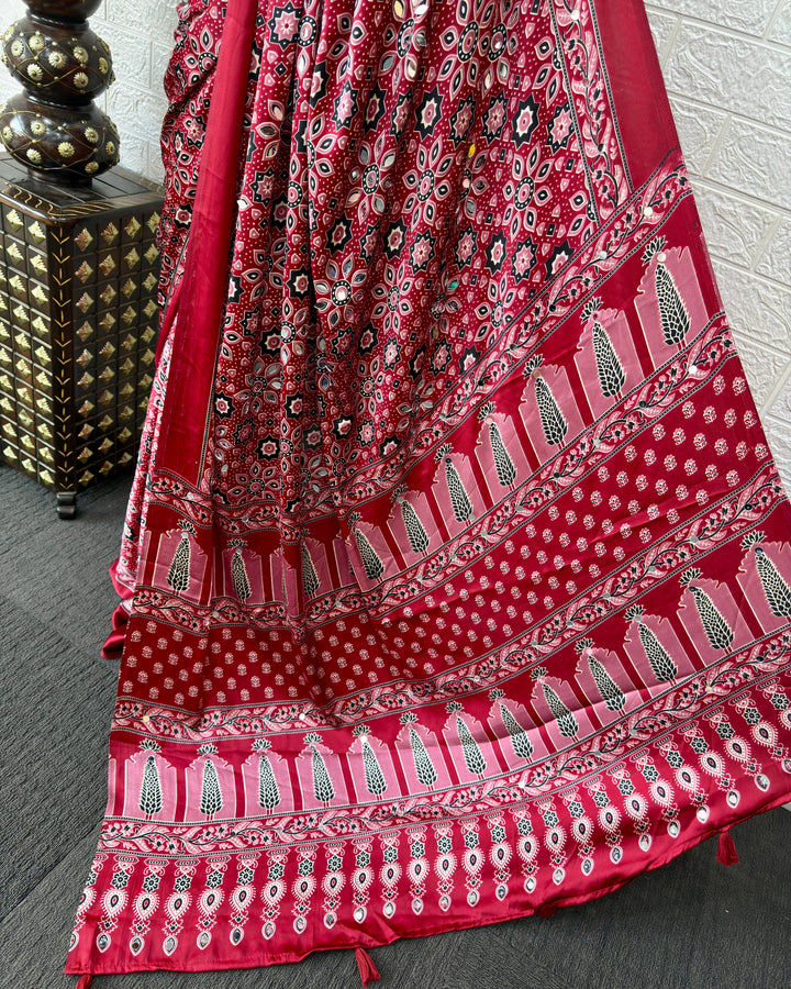 Red Modal Silk Saree with Geometric Floral Print &amp; Heritage Designer Pallu | Festive &amp; Party Wear Saree