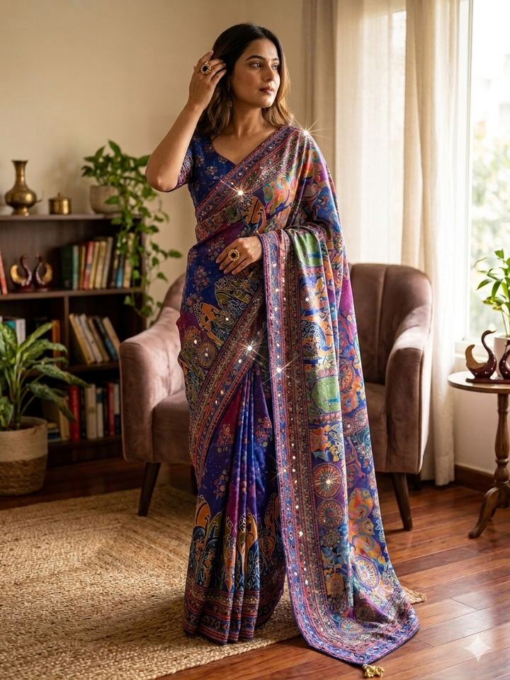 Premium Multicolor Artistic Printed Saree with Designer Border &amp; Attached Blouse | Party Wear &amp; Festive Wear Saree