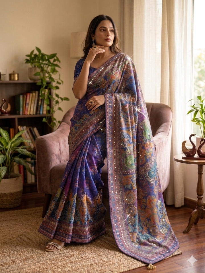Premium Multicolor Artistic Printed Saree with Designer Border &amp; Attached Blouse | Party Wear &amp; Festive Wear Saree