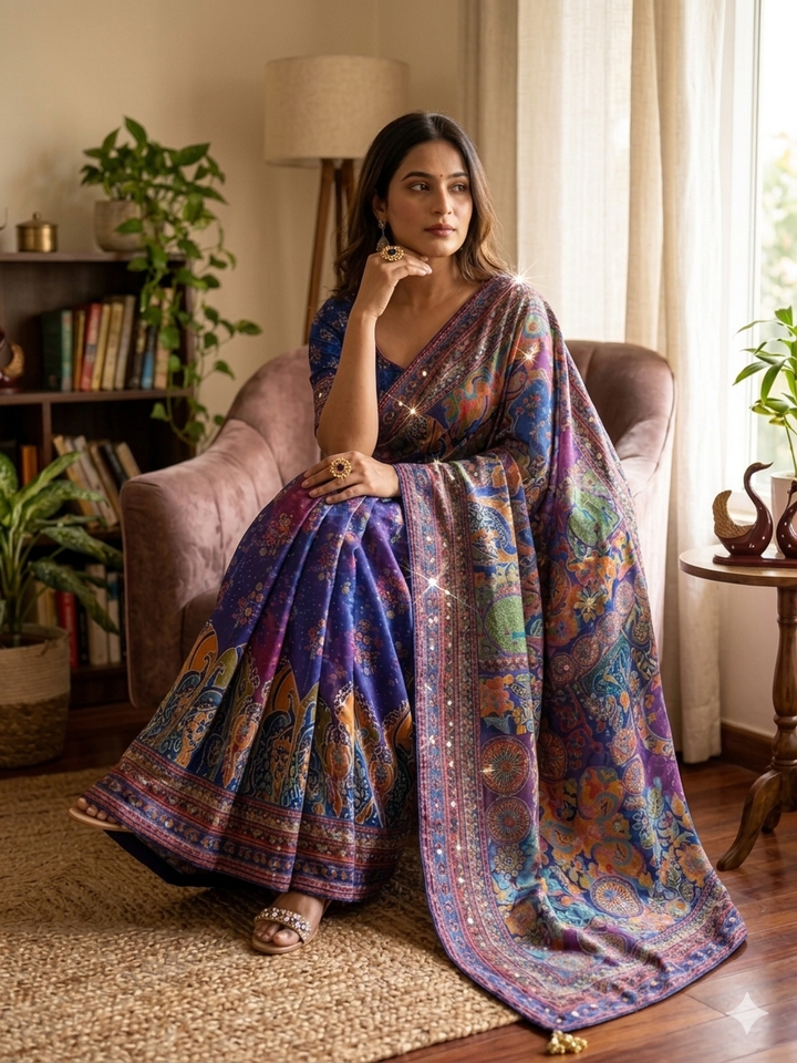 Premium Multicolor Artistic Printed Saree with Designer Border &amp; Attached Blouse | Party Wear &amp; Festive Wear Saree