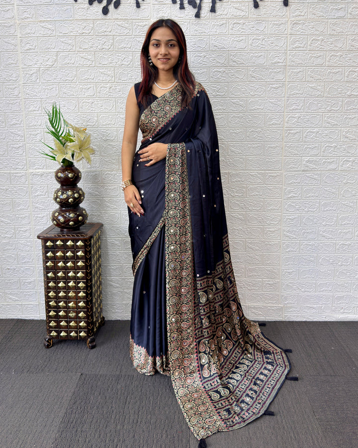 Black Satin Silk Saree with Kashmiri Paisley Print Pallu &amp; Designer Border | Elegant Festive Wear Saree