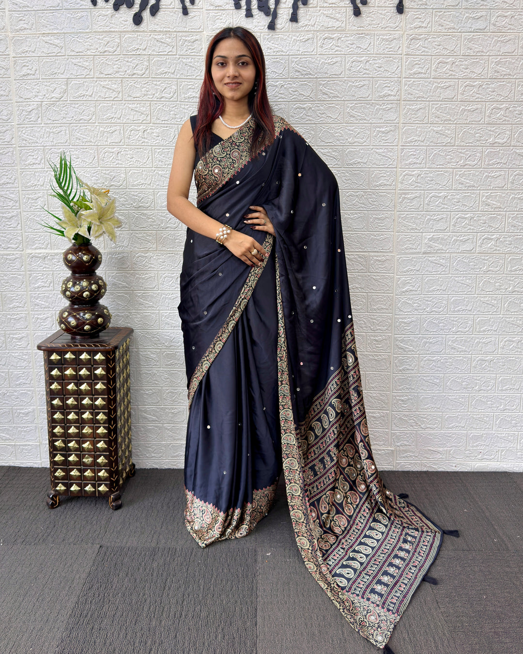 Black Satin Silk Saree with Kashmiri Paisley Print Pallu &amp; Designer Border | Elegant Festive Wear Saree